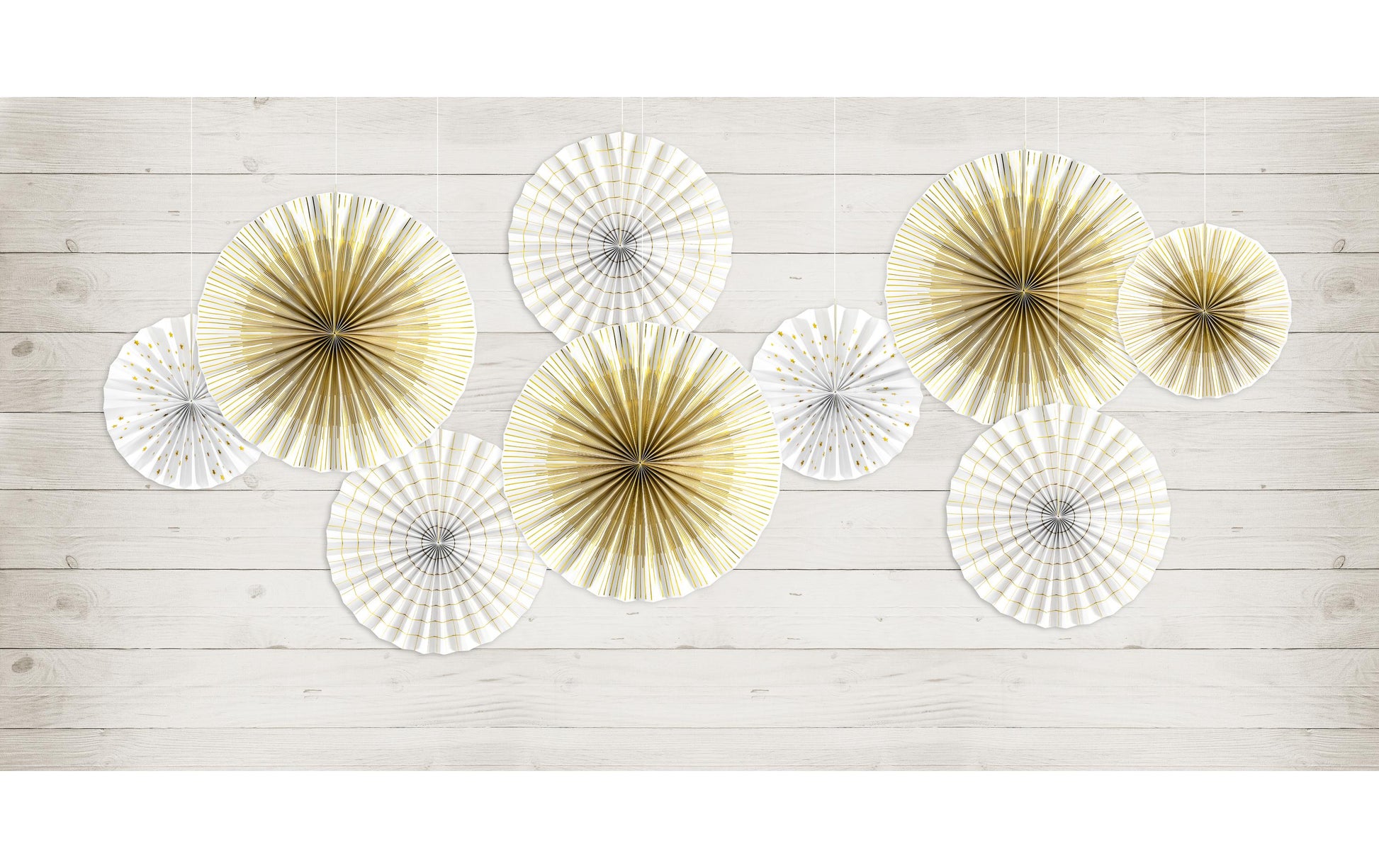 PartyDeco Rosetten – Weiss/Gold – 23, 32, 40 cm – 4 Stk – für Wand