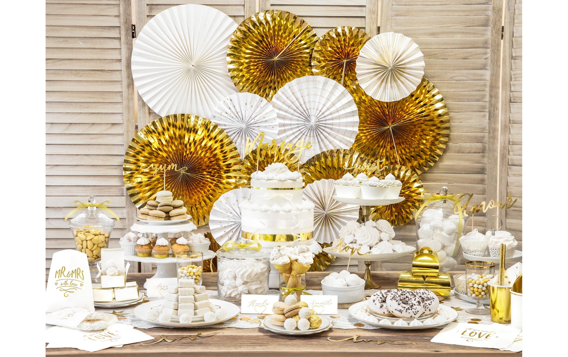 PartyDeco Rosetten – Weiss/Gold – 23, 32, 40 cm – 4 Stk – für Wand