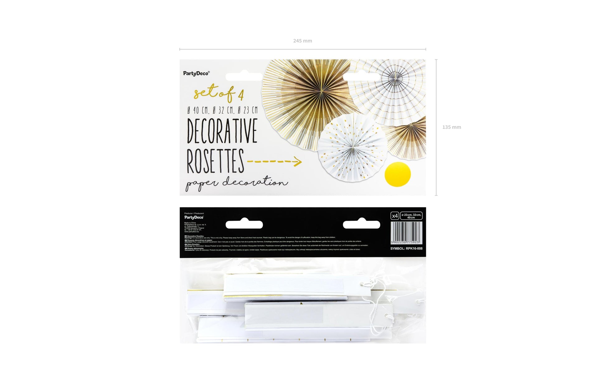 PartyDeco Rosetten – Weiss/Gold – 23, 32, 40 cm – 4 Stk – für Wand