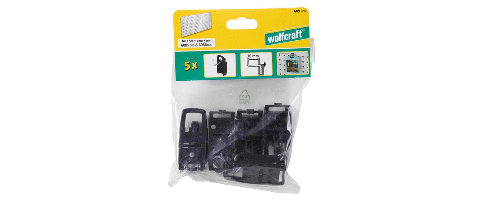 wolfcraft GmbH Wolfcraft Lochwand-Haken – 5-teilig, J-Haken, belastbar 2 kg, schwarz, B 30 × H 68 × T 30 mm, für Lochwand