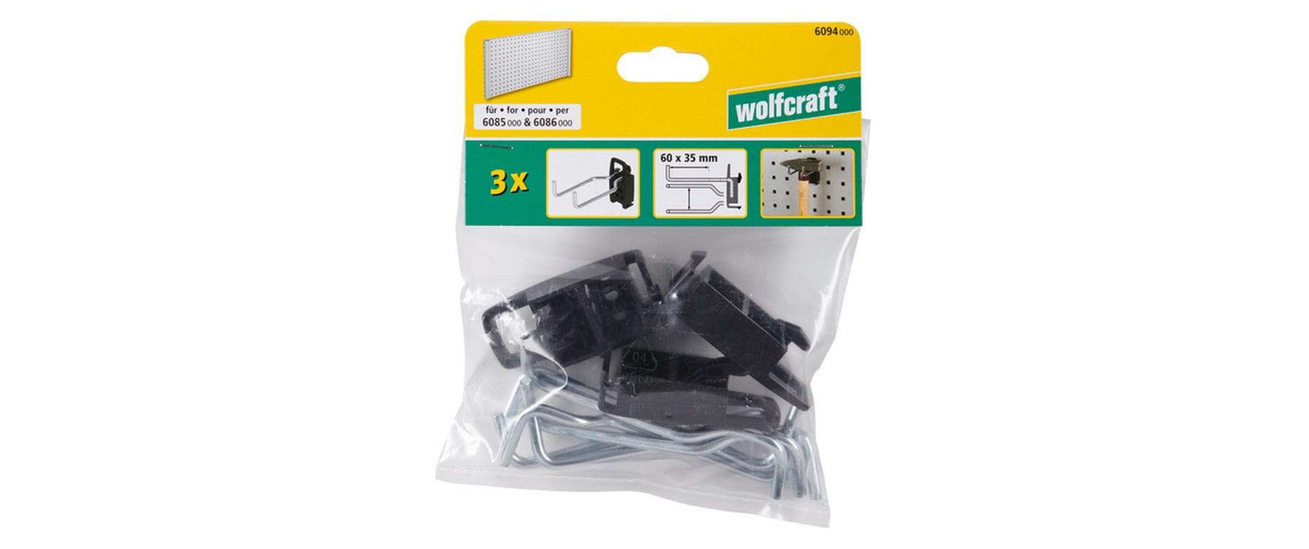 wolfcraft GmbH Wolfcraft Lochwand-Doppelhaken – 3-teilig, J-Haken, Nutzlast 2 kg, Schwarz, B 45 × H 68 × T 110 mm
