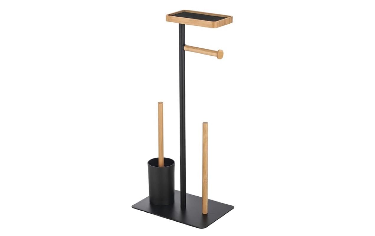 MSV Toilettengarnitur Teiki – Bambus/Stahl, Schwarz matt, mit Klobürstenhalter, 29,5 × 20,0 × 67,0 cm