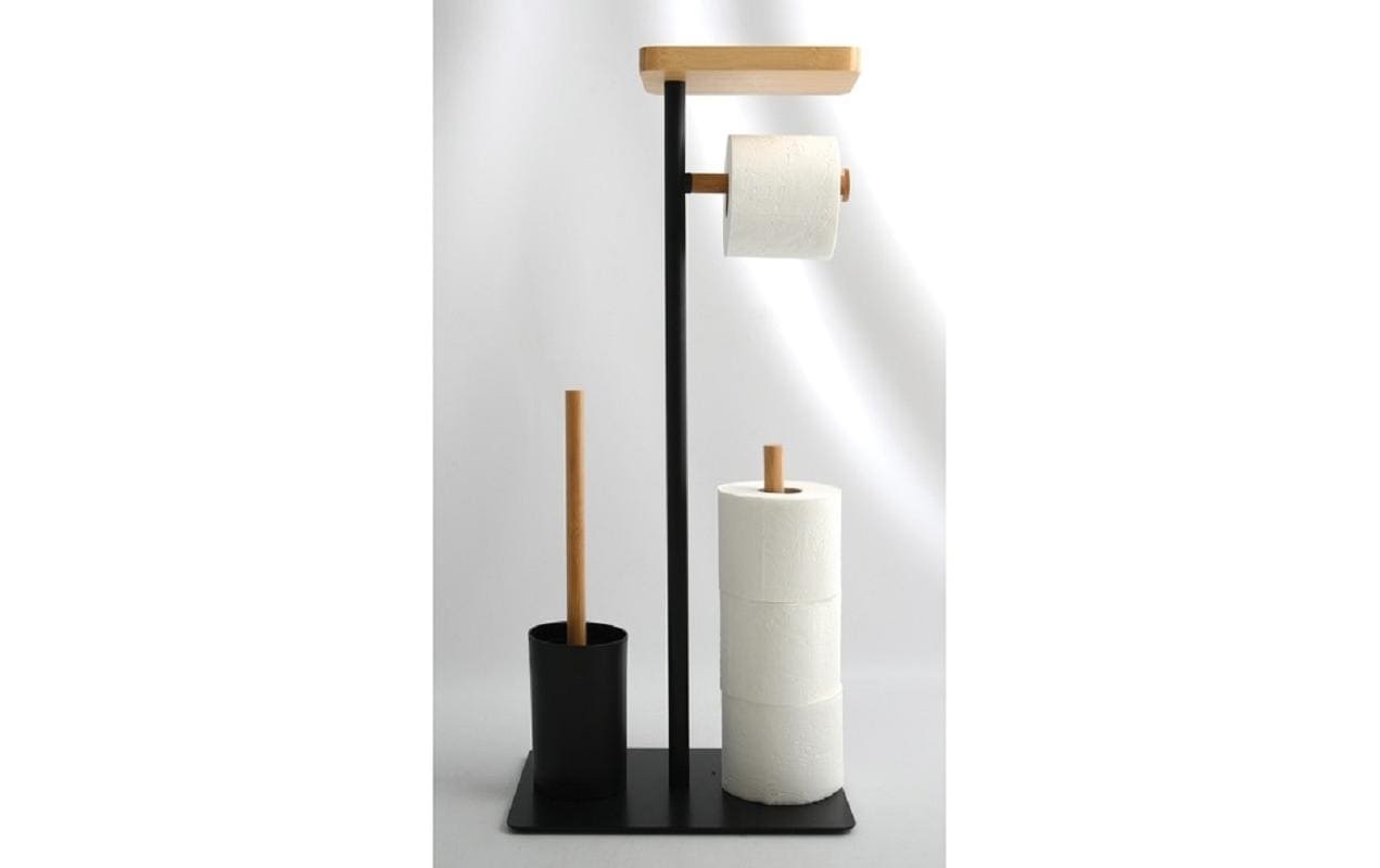 MSV Toilettengarnitur Teiki – Bambus/Stahl, Schwarz matt, mit Klobürstenhalter, 29,5 × 20,0 × 67,0 cm