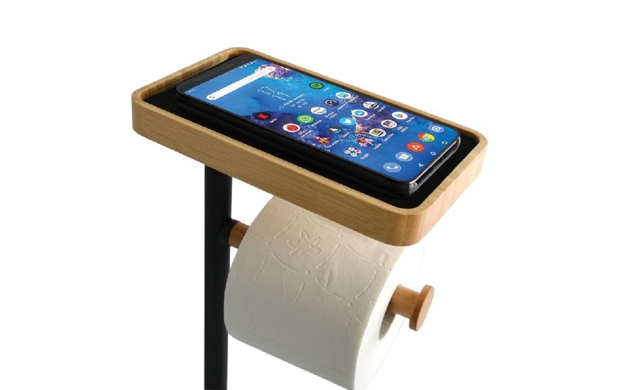 MSV Toilettengarnitur Teiki – Bambus/Stahl, Schwarz matt, mit Klobürstenhalter, 29,5 × 20,0 × 67,0 cm