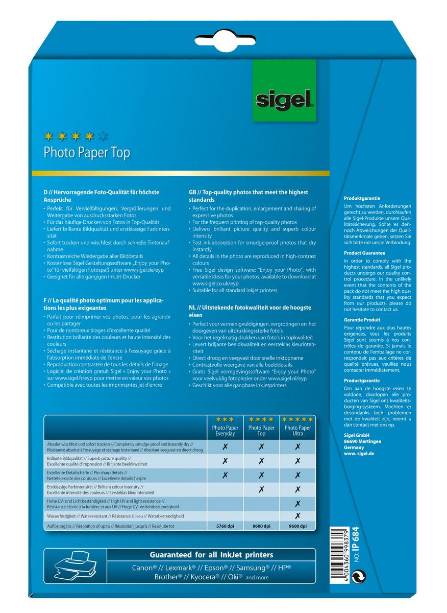 Sigel Fotopapier – seidenmatt, A4, 190 g/m², 20 Blatt – für Inkjet-Drucker