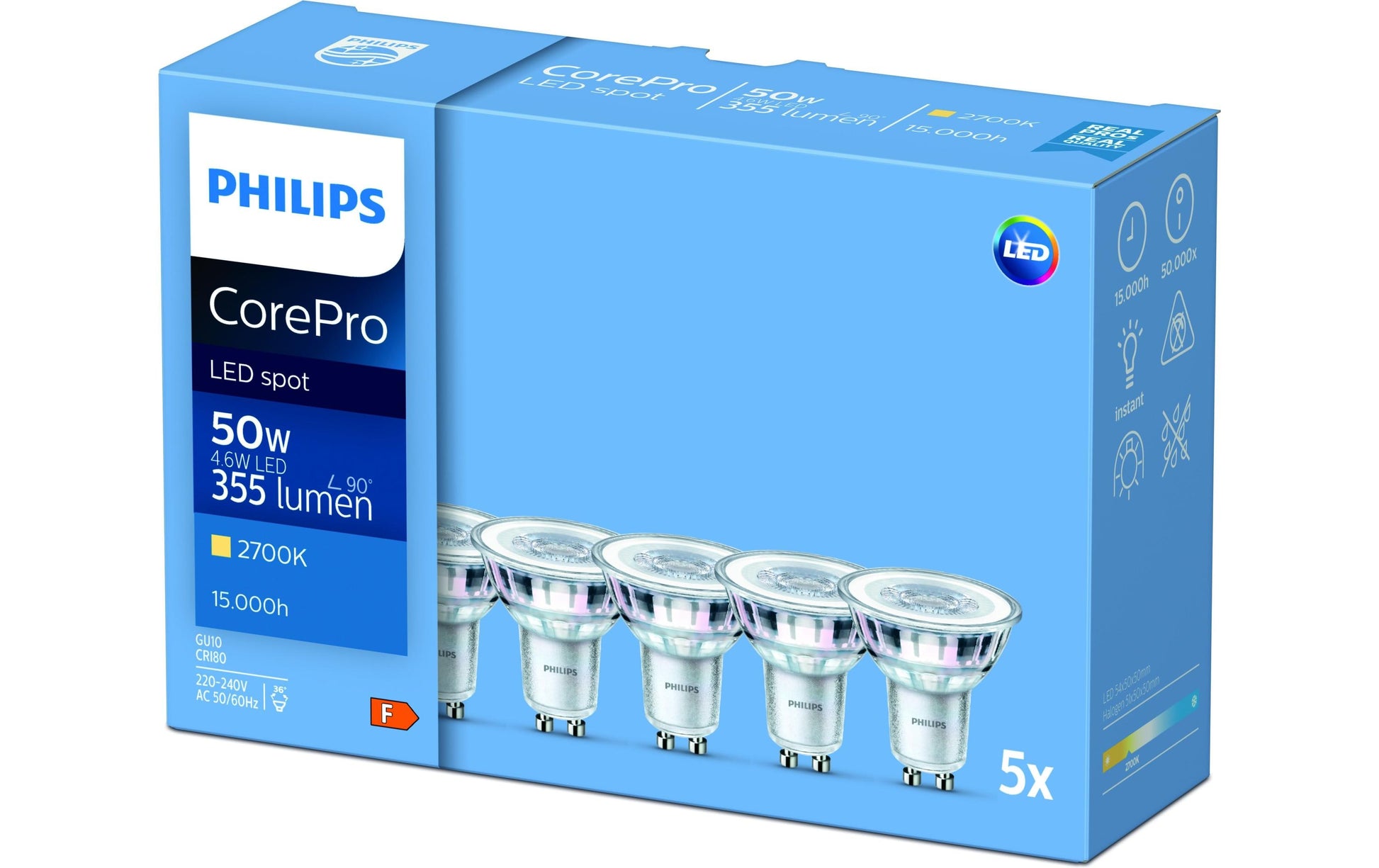 Philips LED-Leuchtmittel GU10 – Warmweiss 2700 K, 355 lm, 4,6 W – CorePro – 1 Stk.