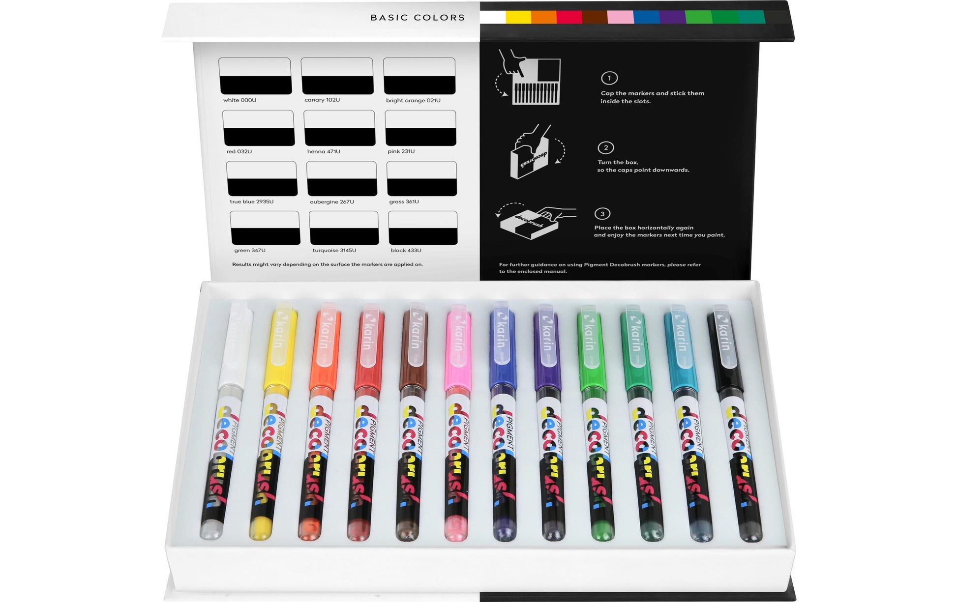 Karin Pigment Decobrush Acrylmarker – Pinselspitze – Basic Colors, 12er-Set – für Glas, Metall und Kunststoff