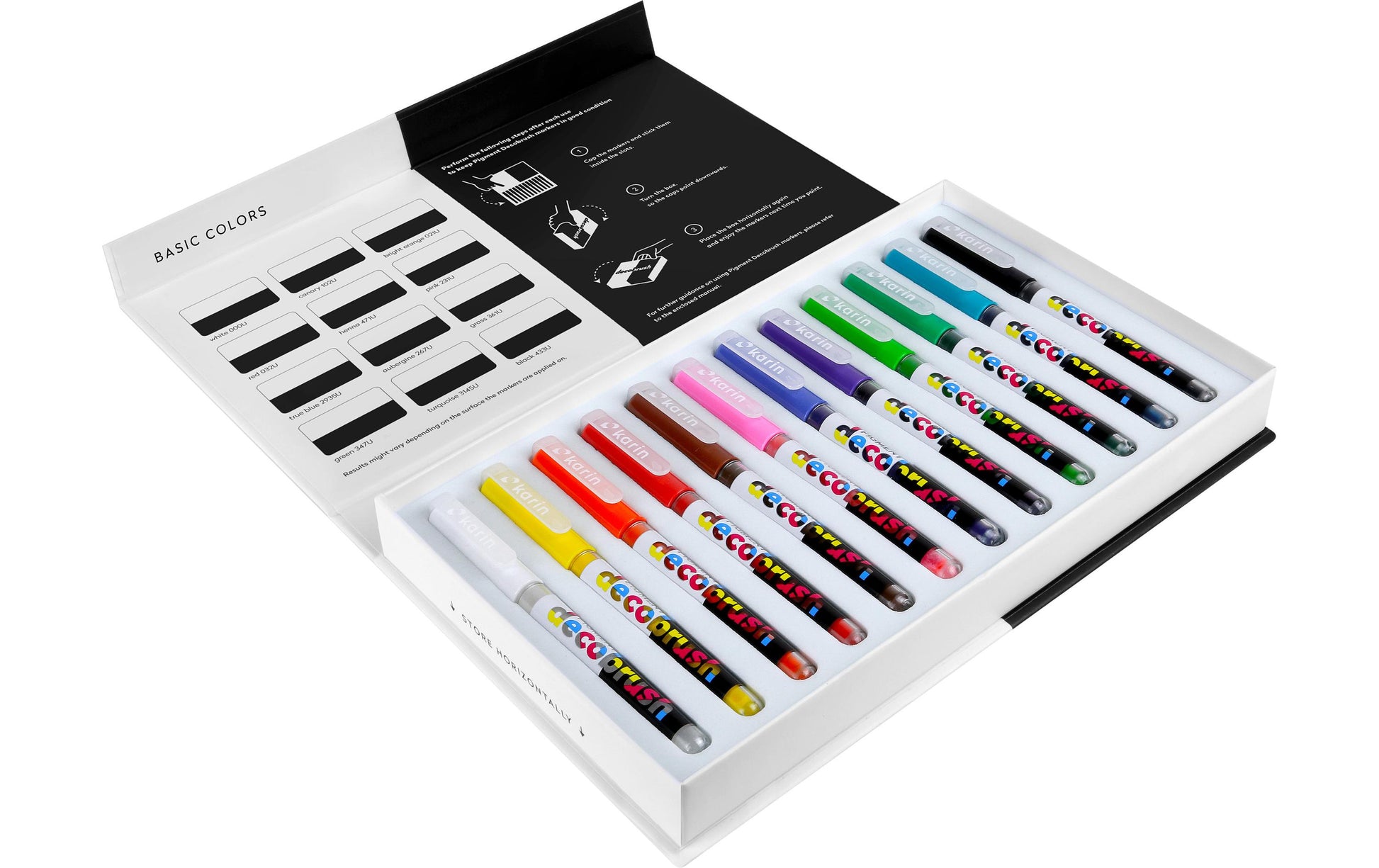 Karin Pigment Decobrush Acrylmarker – Pinselspitze – Basic Colors, 12er-Set – für Glas, Metall und Kunststoff
