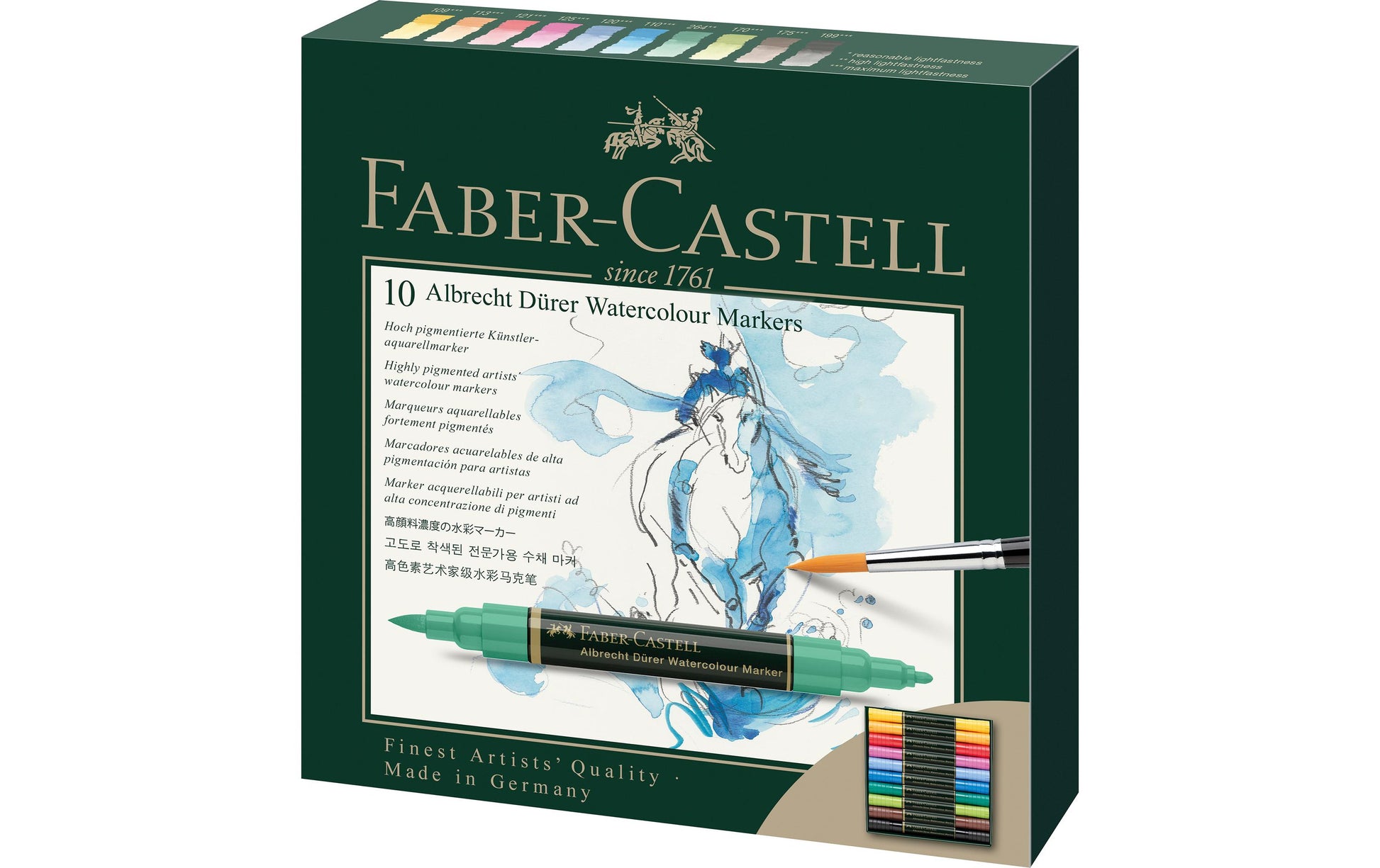 Faber-Castell Albrecht Dürer Pinselstift – Doppelspitze, Pinsel + Faserspitze, wasservermalbar, 10 Farben