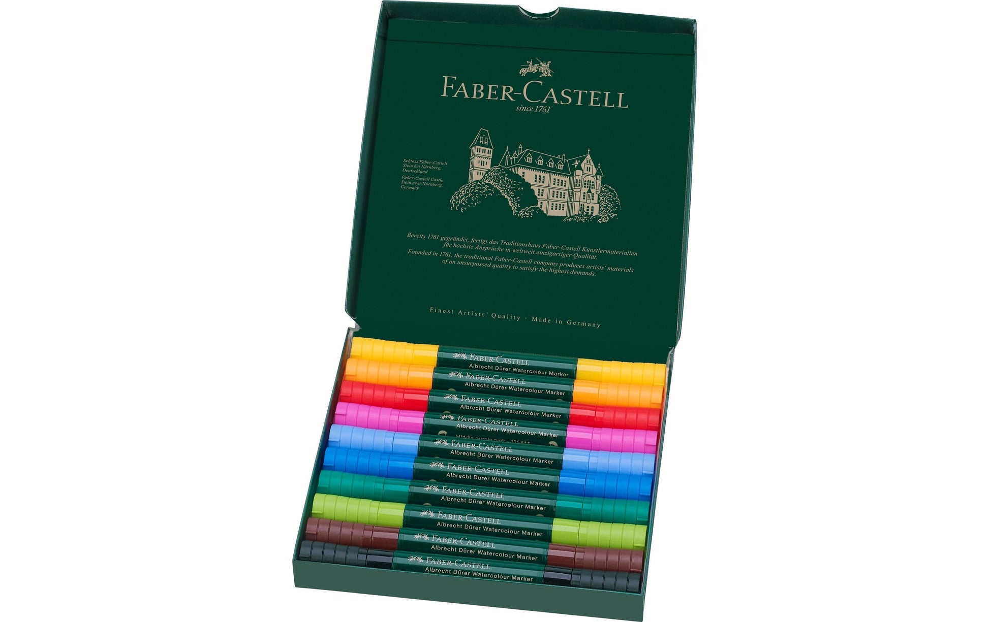 Faber-Castell Albrecht Dürer Pinselstift – Doppelspitze, Pinsel + Faserspitze, wasservermalbar, 10 Farben