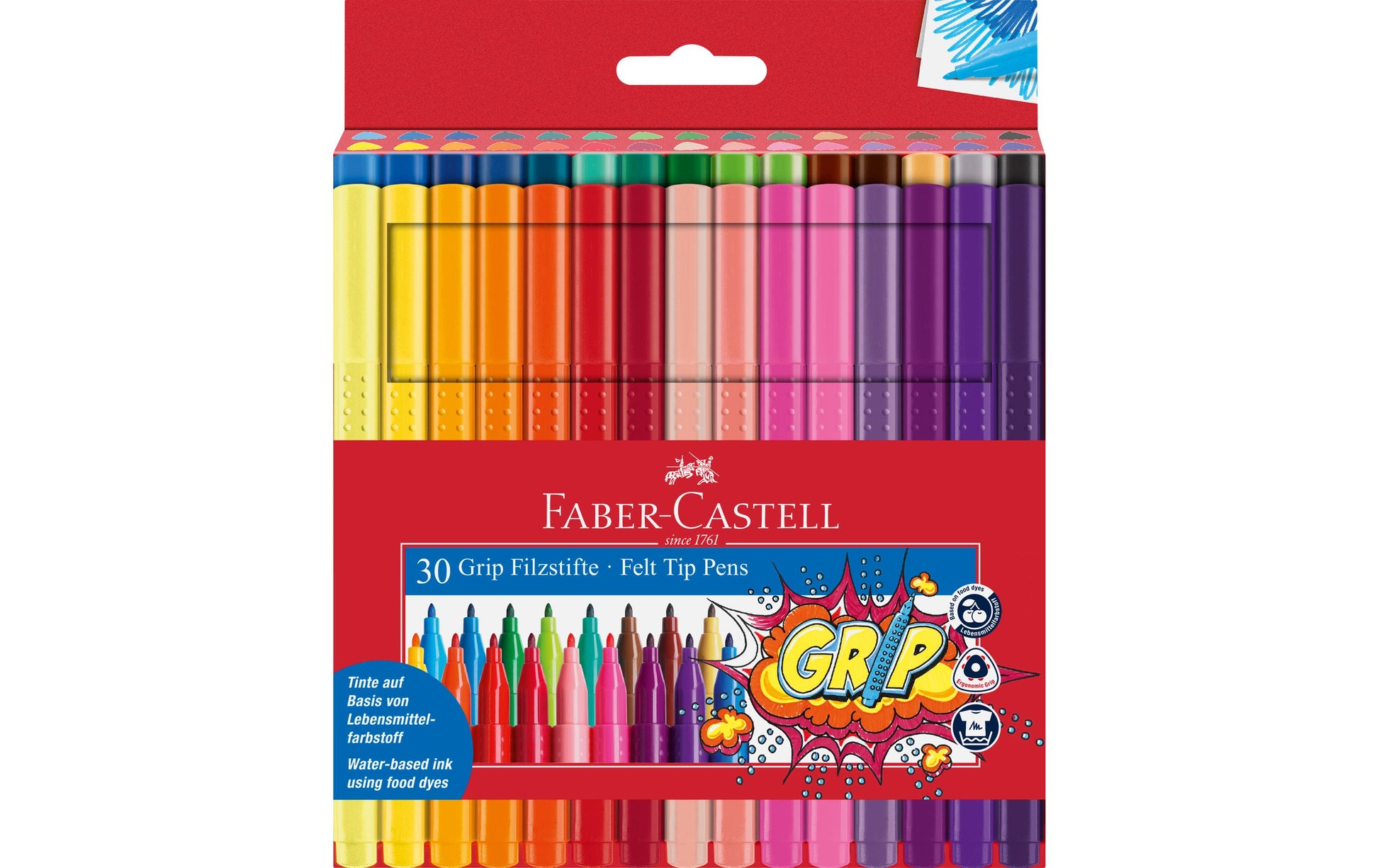 Faber-Castell Grip Filzstift – Rundspitze, 3 mm, wasserfest, mehrfarbig, 30er Set
