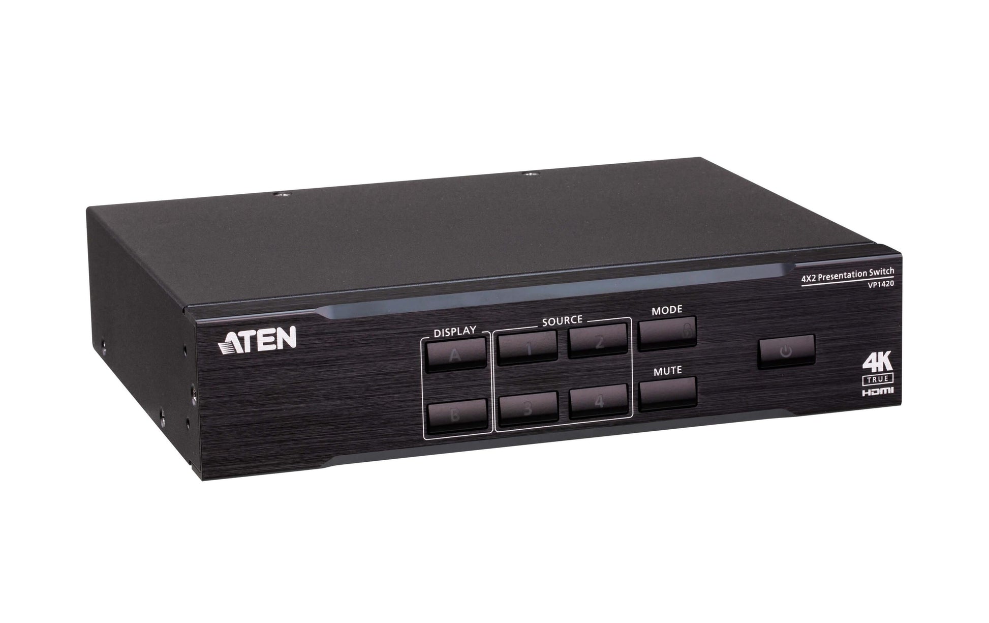 ATEN VP1420-AT-G – Video-Umschalter – 4× Eingänge (3× HDMI, 1× VGA), 2× HDMI-Ausgänge, 4K UHD – Schwarz