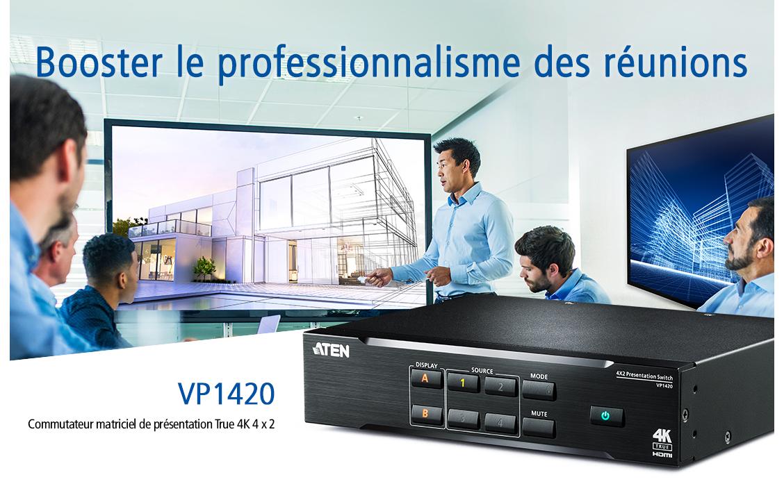 ATEN VP1420-AT-G – Video-Umschalter – 4× Eingänge (3× HDMI, 1× VGA), 2× HDMI-Ausgänge, 4K UHD – Schwarz