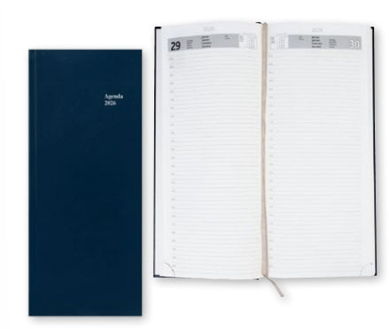 Simplex Agenda – 1 Tag pro Seite, gebunden, 13,5 × 31,5 cm, 2026, 1/2-Stunden-Takt, Blau, FSC