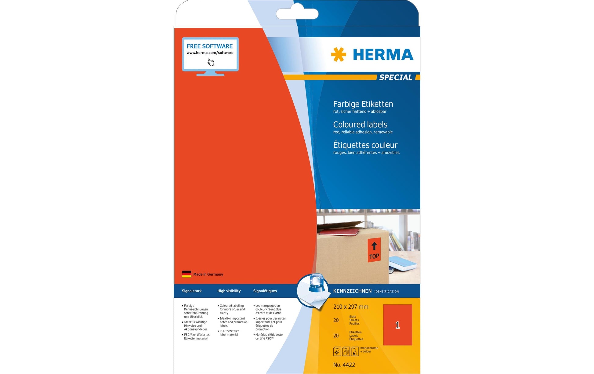 HERMA Druckeretiketten, 210 mm × 297 mm, rot, Papier, wiederablösbar, 20 Blätter
