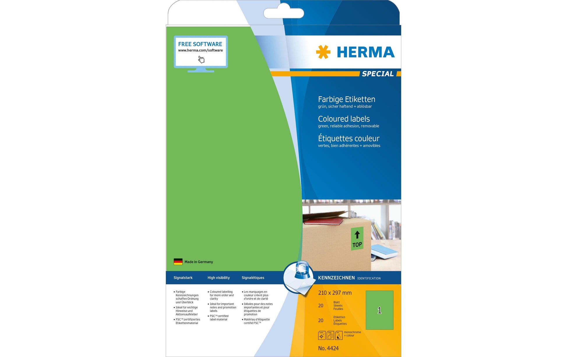 HERMA Drucketiketten, 210 mm × 297 mm, grün, Papier, wiederablösbar, 20 Blätter