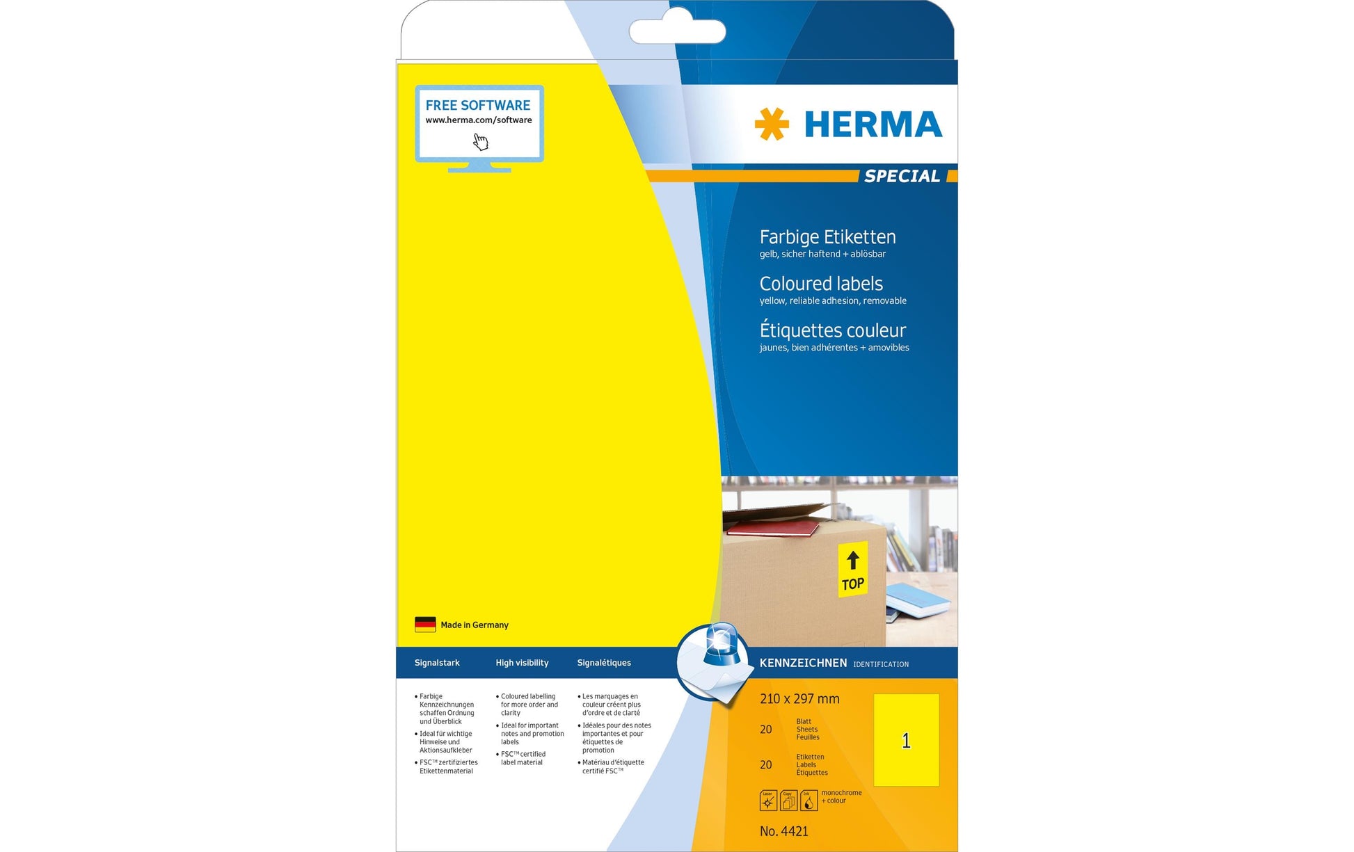 HERMA Druckeretiketten, 210 mm × 297 mm, Gelb, Papier, Wiederablösbar, 20 Blätter