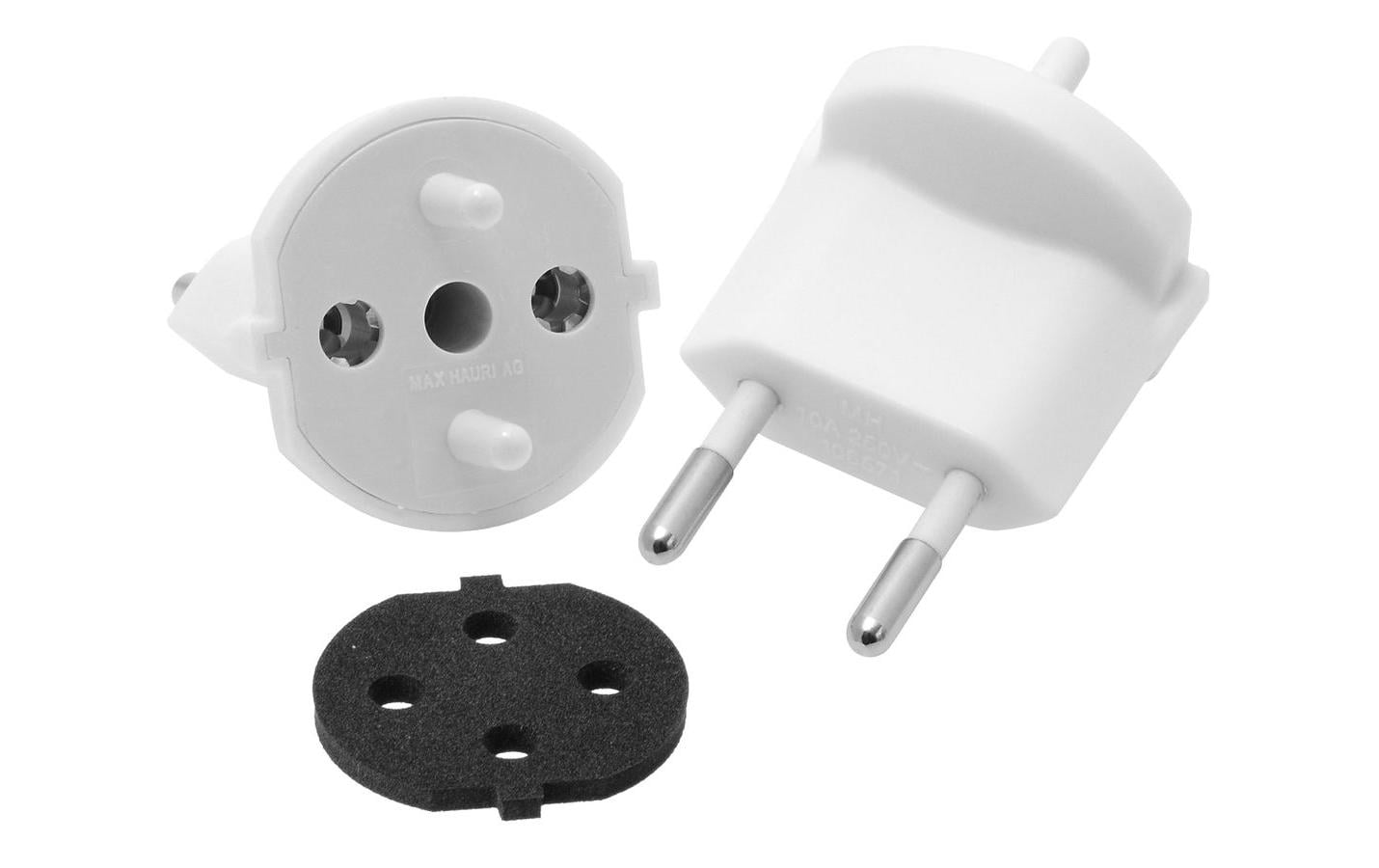 Max Hauri AG Fixadapter Schuko (Typ F) zu CH-Stecker (T11) – 10 A, 2-polig, IP44, Weiss