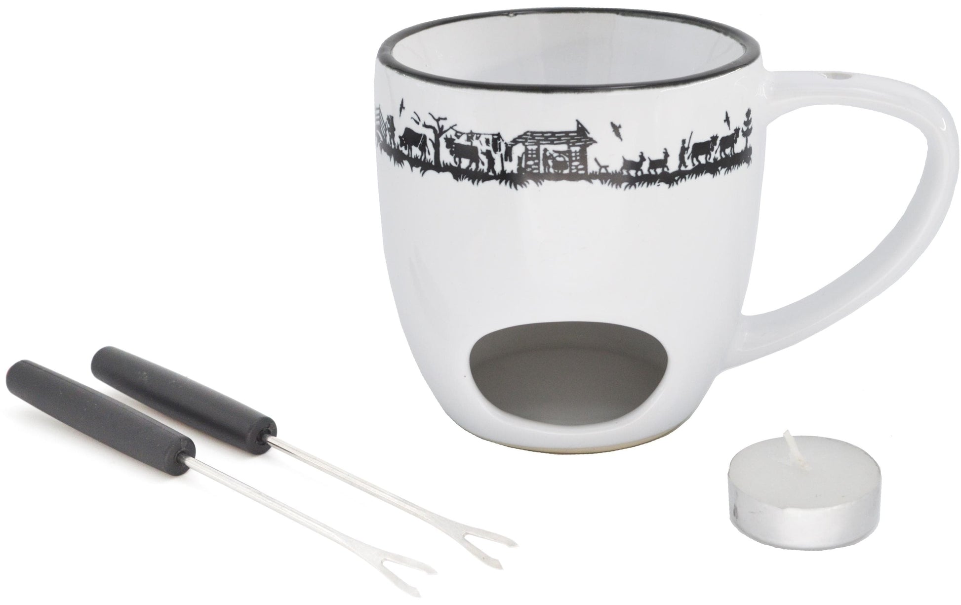 Heidi Cheese Line Fondue-Set Alpes – Ø 10,5 cm, Steingut, für Schokoladenfondue, Teelichter, Weiss, 4 Teile