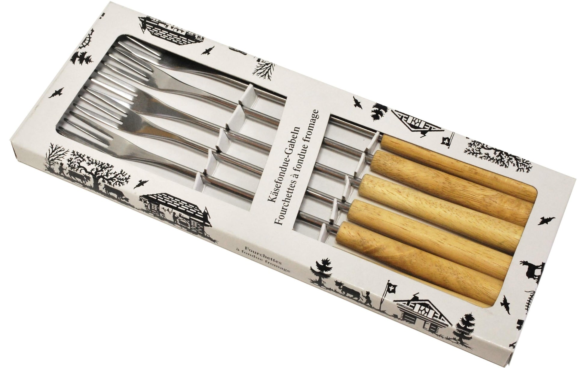 Heidi Cheese Line Fonduegabeln – 6er-Set, Edelstahl, Holzgriff, Hellbraun, für Käsefondue