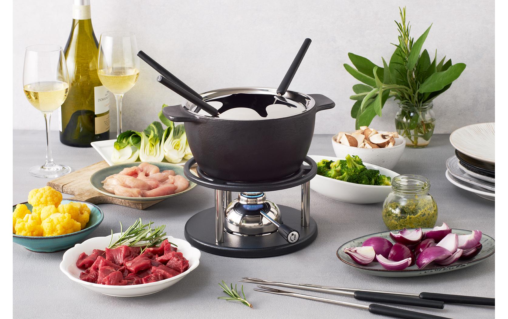 Kisag Caquelon Allround – Ø 18 cm, Gusseisen, Emaille, für Fondue Bourguignonne, Gas, Schwarz