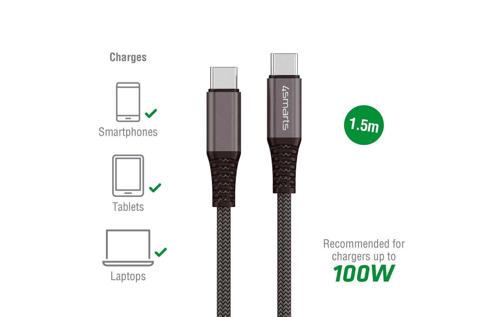 4smarts USB-C auf USB-C Kabel – USB 2.0 (480 Mbit/s) – 1,5 m – PD 100 W – Geflochten – Schwarz