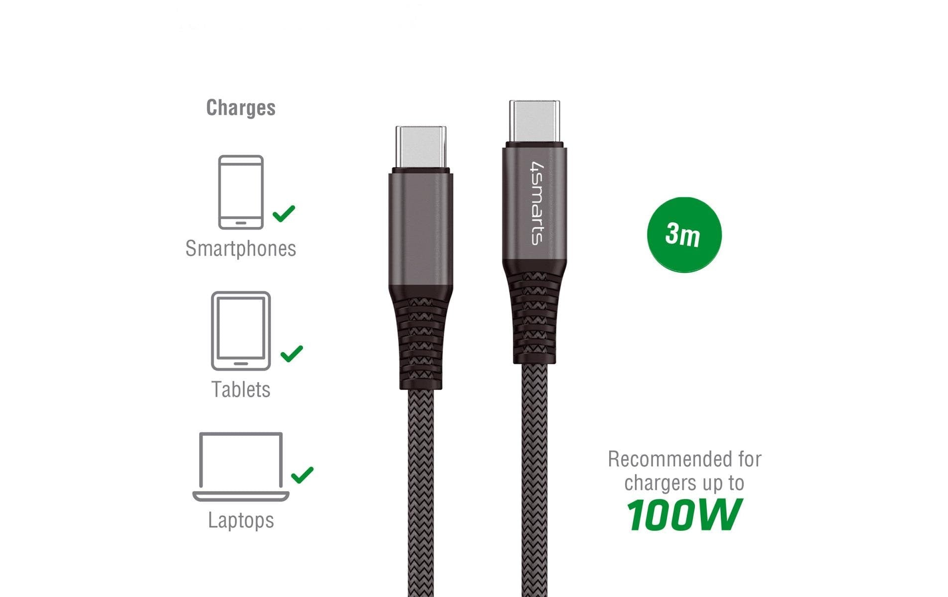 4smarts Daten- & Ladekabel – USB-C auf USB-C 3 m, 100 W, geflochten – für USB-C Geräte