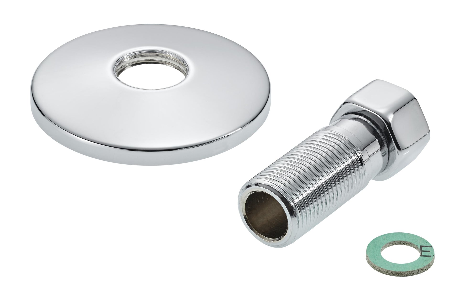 Mateu Verschraubung gerade – 1/2" Anschluss, Ø 55 × 55 mm, verchromtes Messing, mit Wandrosette und Dichtung