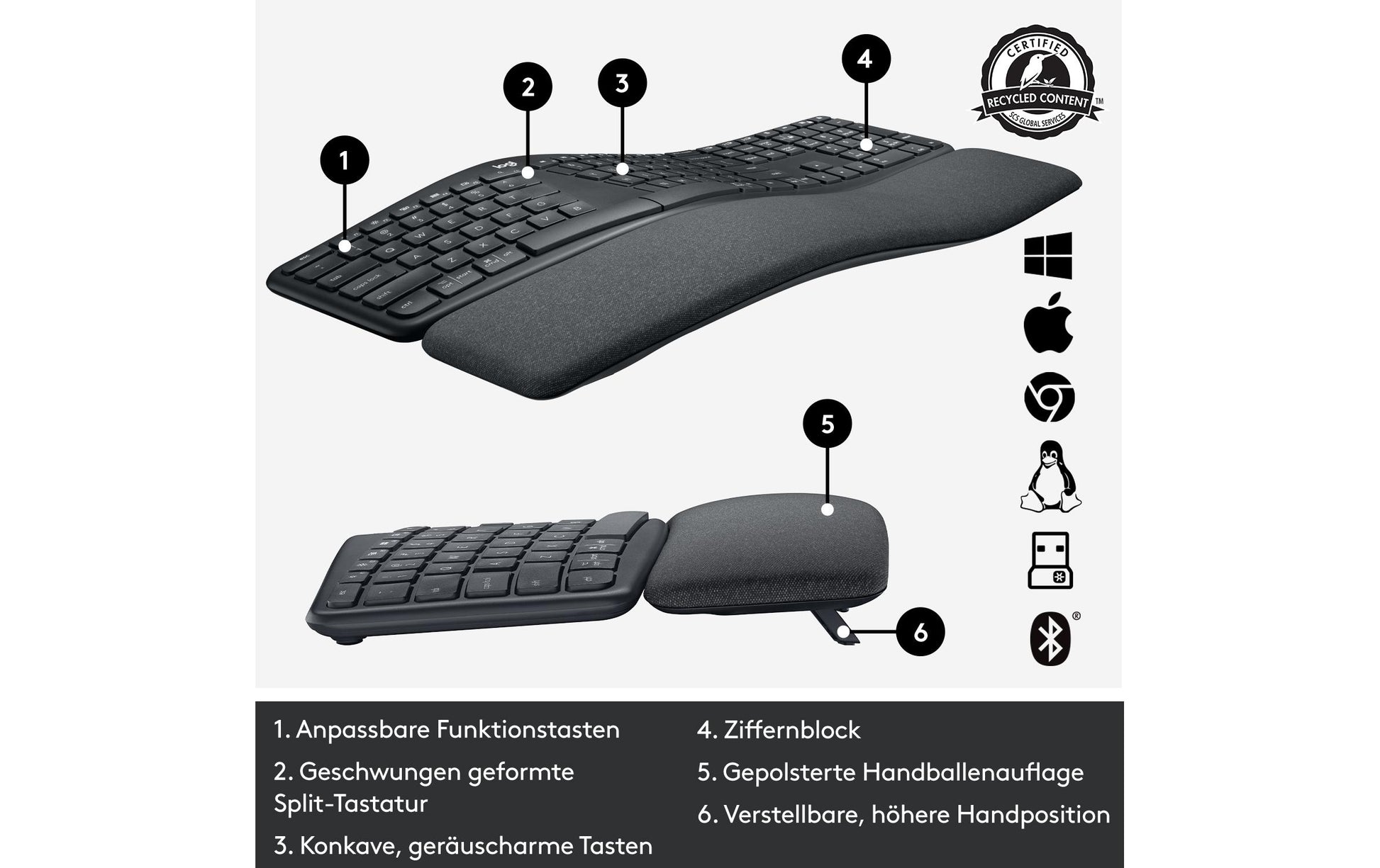 Logitech ERGO K860 – Tastatur, US-Layout (EN), ergonomisch, Grau