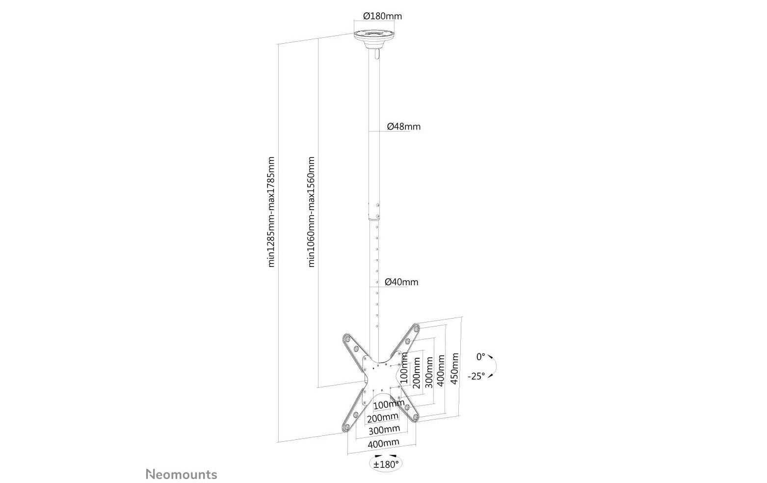Neomounts FPMA-C340BLACK – Deckenhalterung, schwenkbar, für 32–75″, VESA 400×400, bis 50 kg, höhenverstellbar