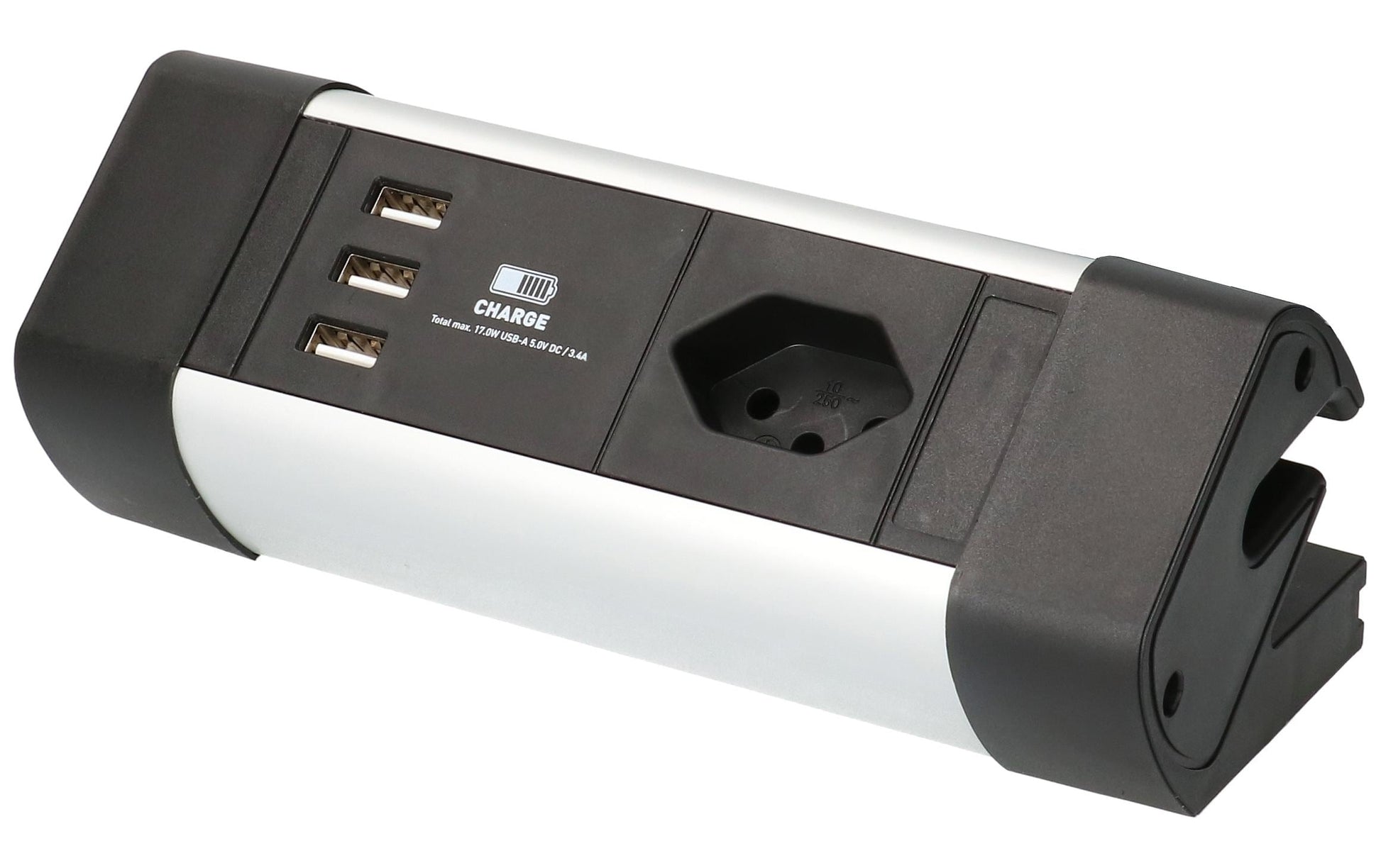 Max Hauri AG Max Hauri Alu-Office-Line Tischsteckdosenleiste, 4×T13, 3×USB, 2,5 m, ohne Schalter – schwarz/silber