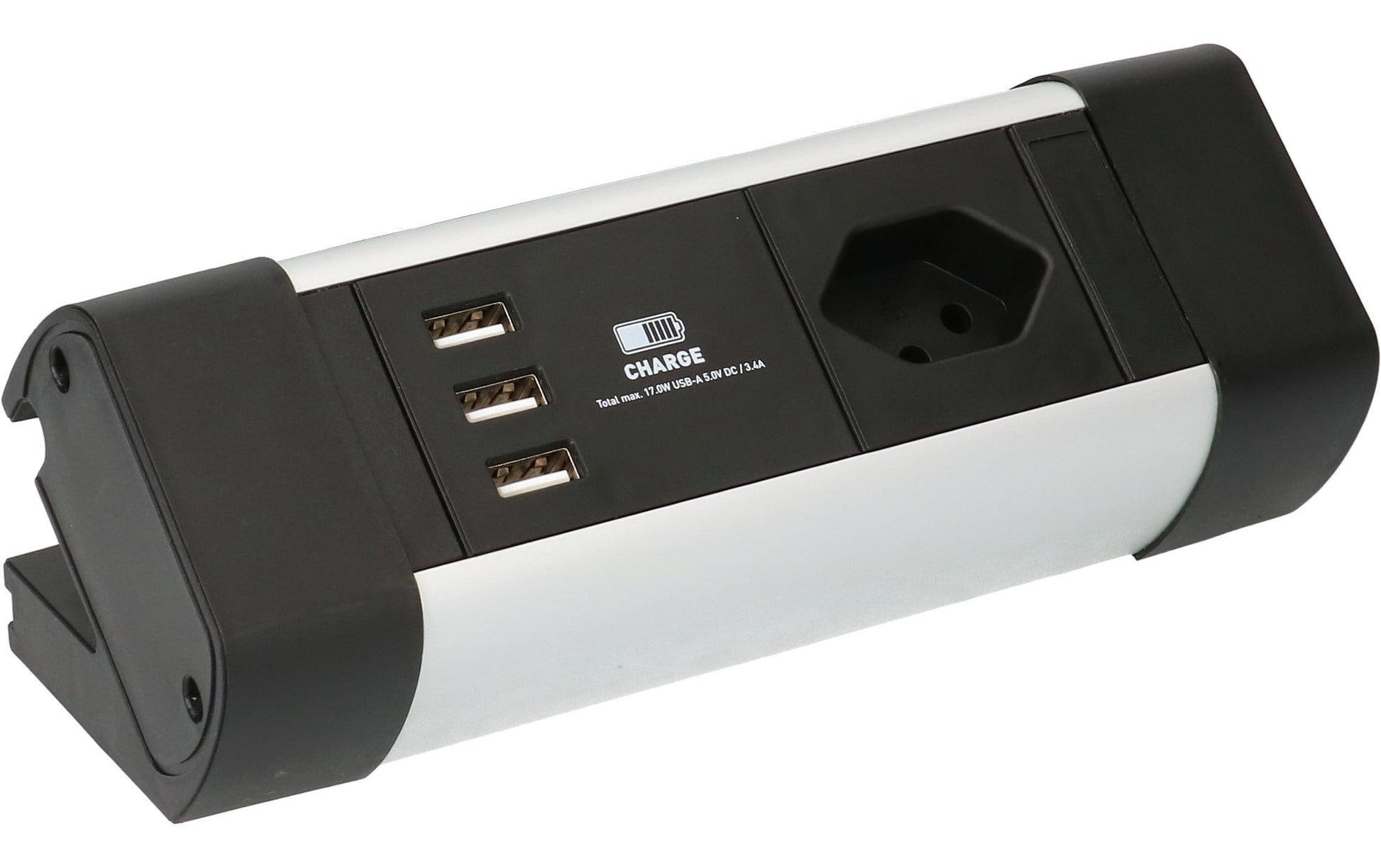 Max Hauri AG Max Hauri Alu-Office-Line Tischsteckdosenleiste, 4×T13, 3×USB, 2,5 m, ohne Schalter – schwarz/silber