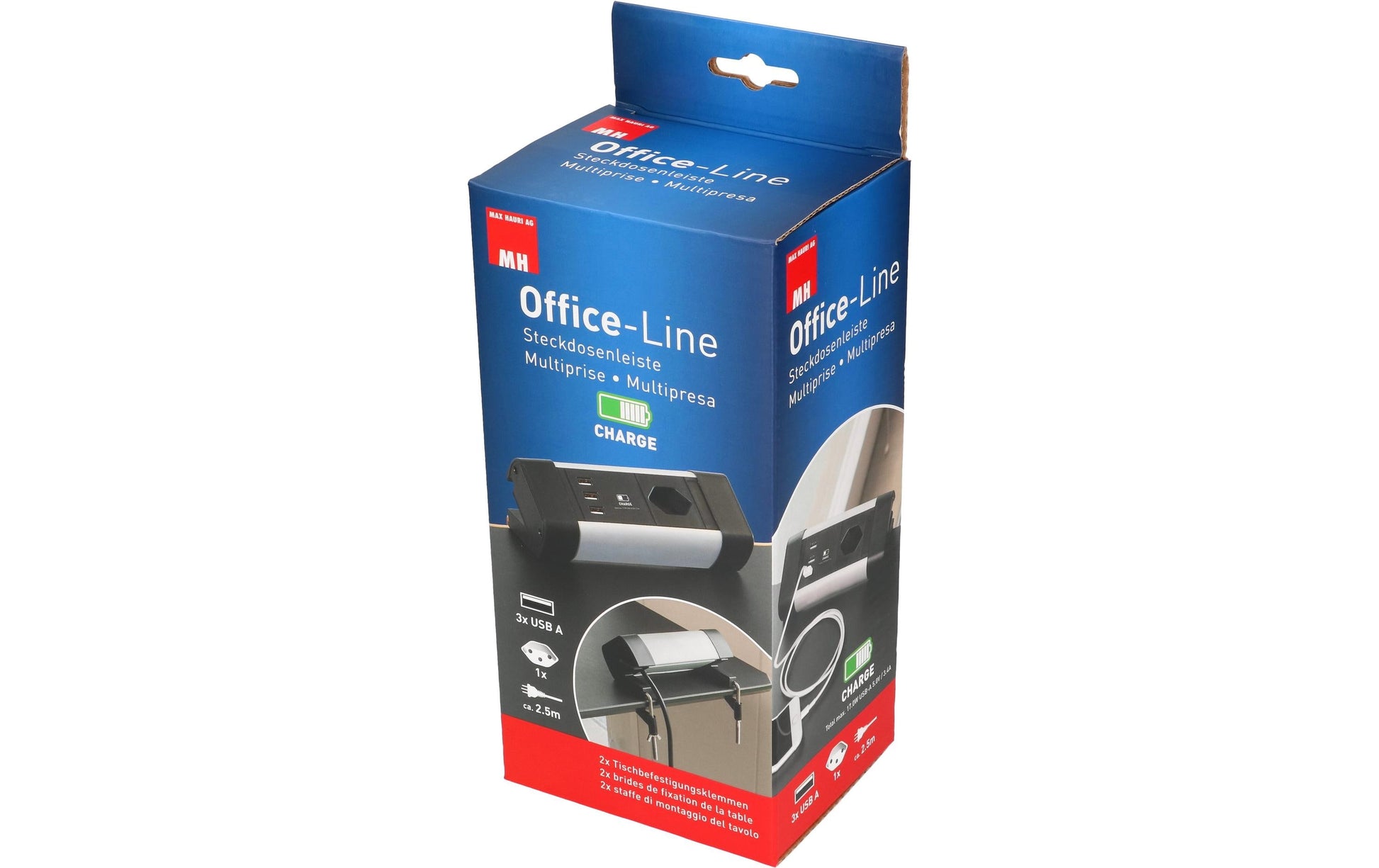 Max Hauri AG Max Hauri Alu-Office-Line Tischsteckdosenleiste, 4×T13, 3×USB, 2,5 m, ohne Schalter – schwarz/silber