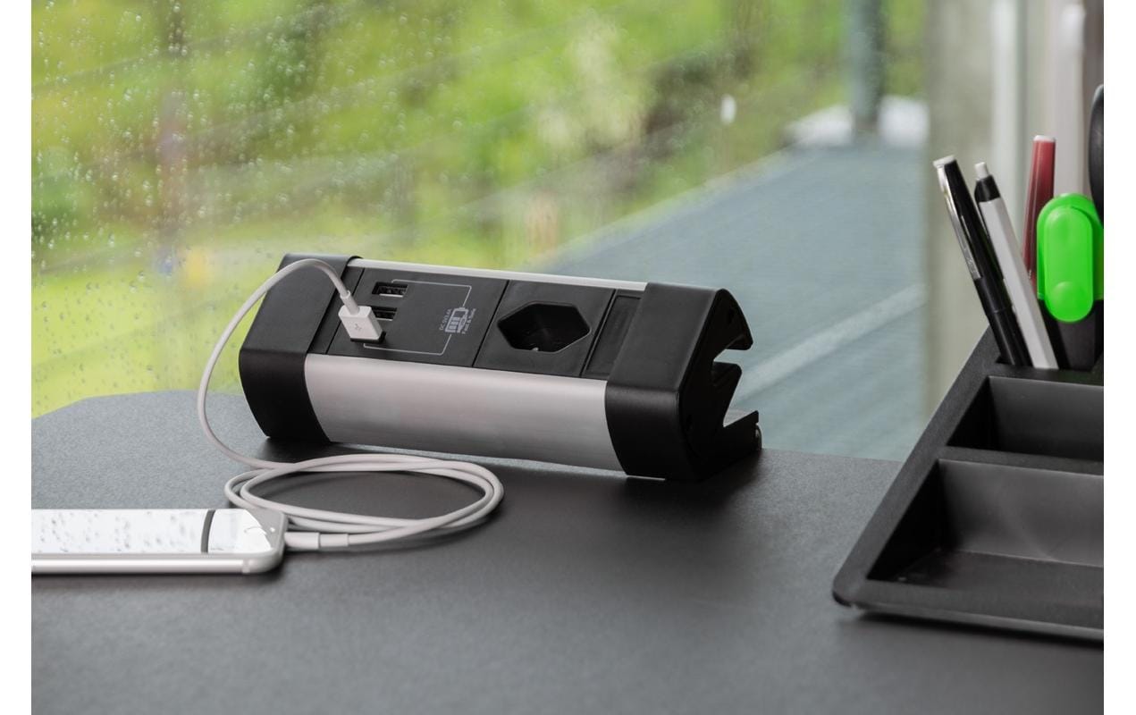 Max Hauri AG Max Hauri Alu-Office-Line Tischsteckdosenleiste, 4×T13, 3×USB, 2,5 m, ohne Schalter – schwarz/silber