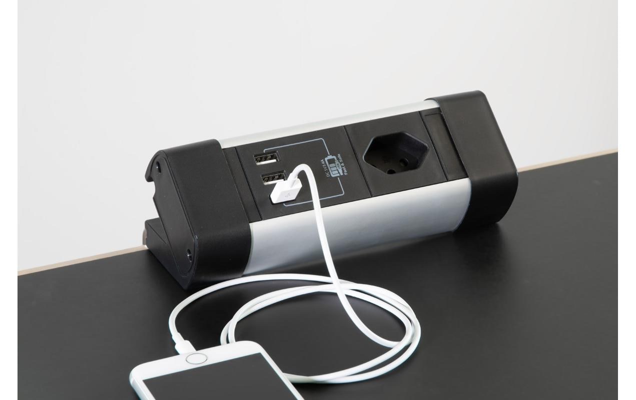 Max Hauri AG Max Hauri Alu-Office-Line Tischsteckdosenleiste, 4×T13, 3×USB, 2,5 m, ohne Schalter – schwarz/silber