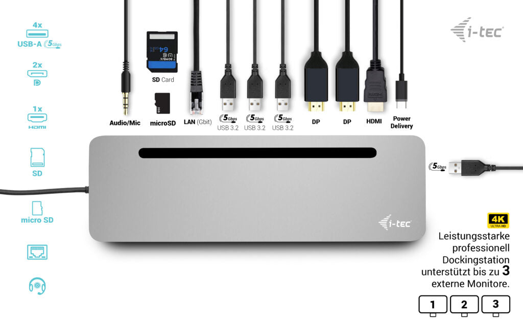 i-tec Dockingstation – USB-C, 2× DP, 1× HDMI, 4× USB-A, 1× USB-C, 100 W PD, GbE, für Windows/Mac