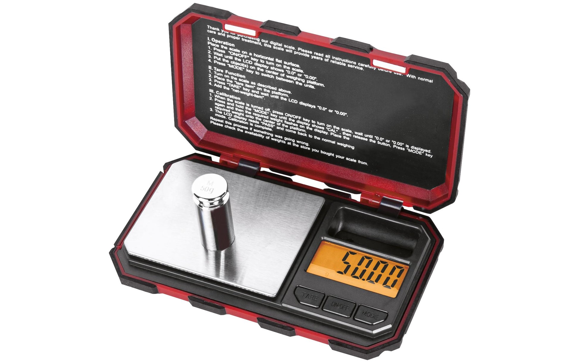 KRAFTWERK Taschenwaage 601.200.001 – Tragkraft 200 g, Teilung 0,03 g, Batterie, Rot