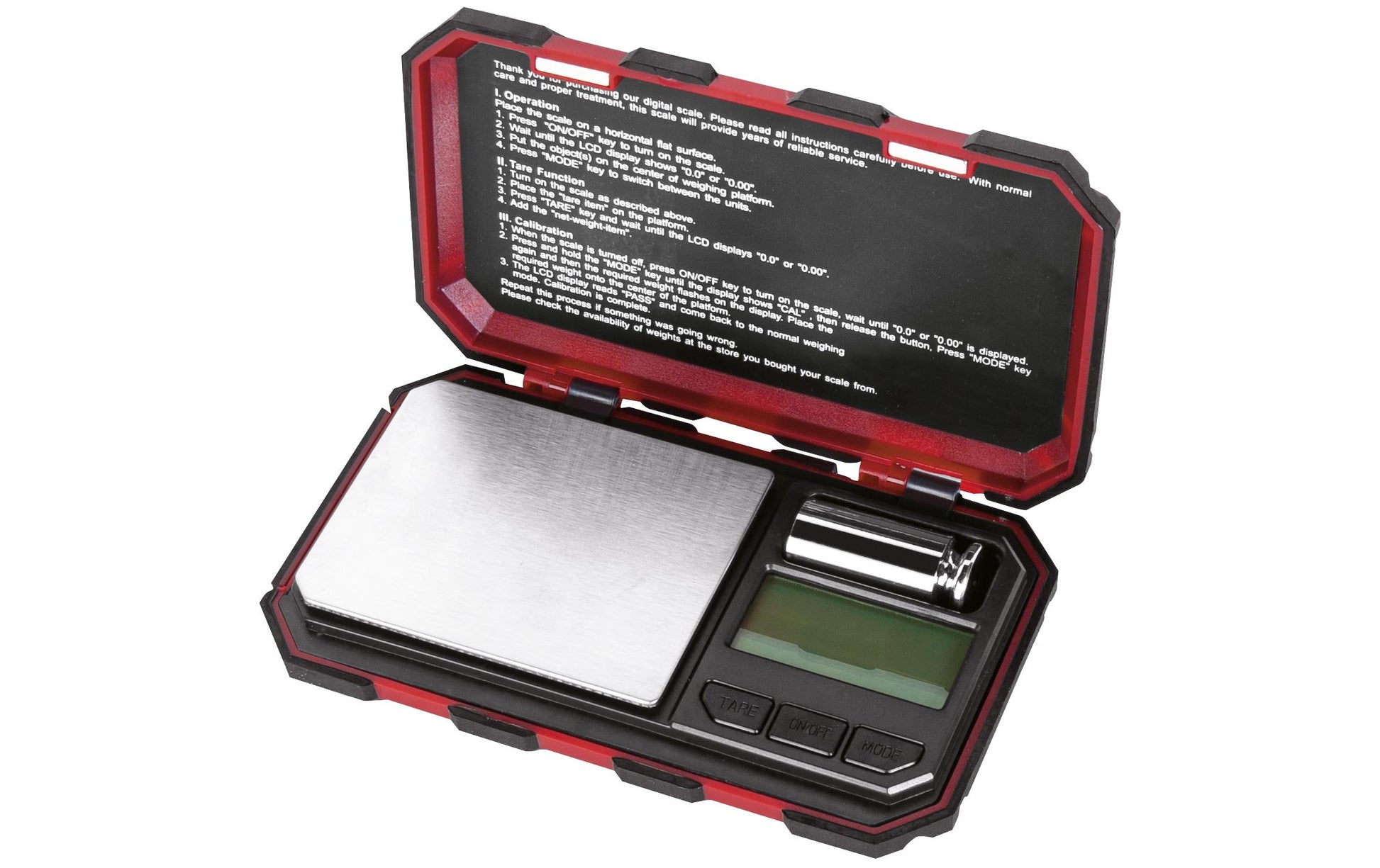 KRAFTWERK Taschenwaage 601.200.001 – Tragkraft 200 g, Teilung 0,03 g, Batterie, Rot