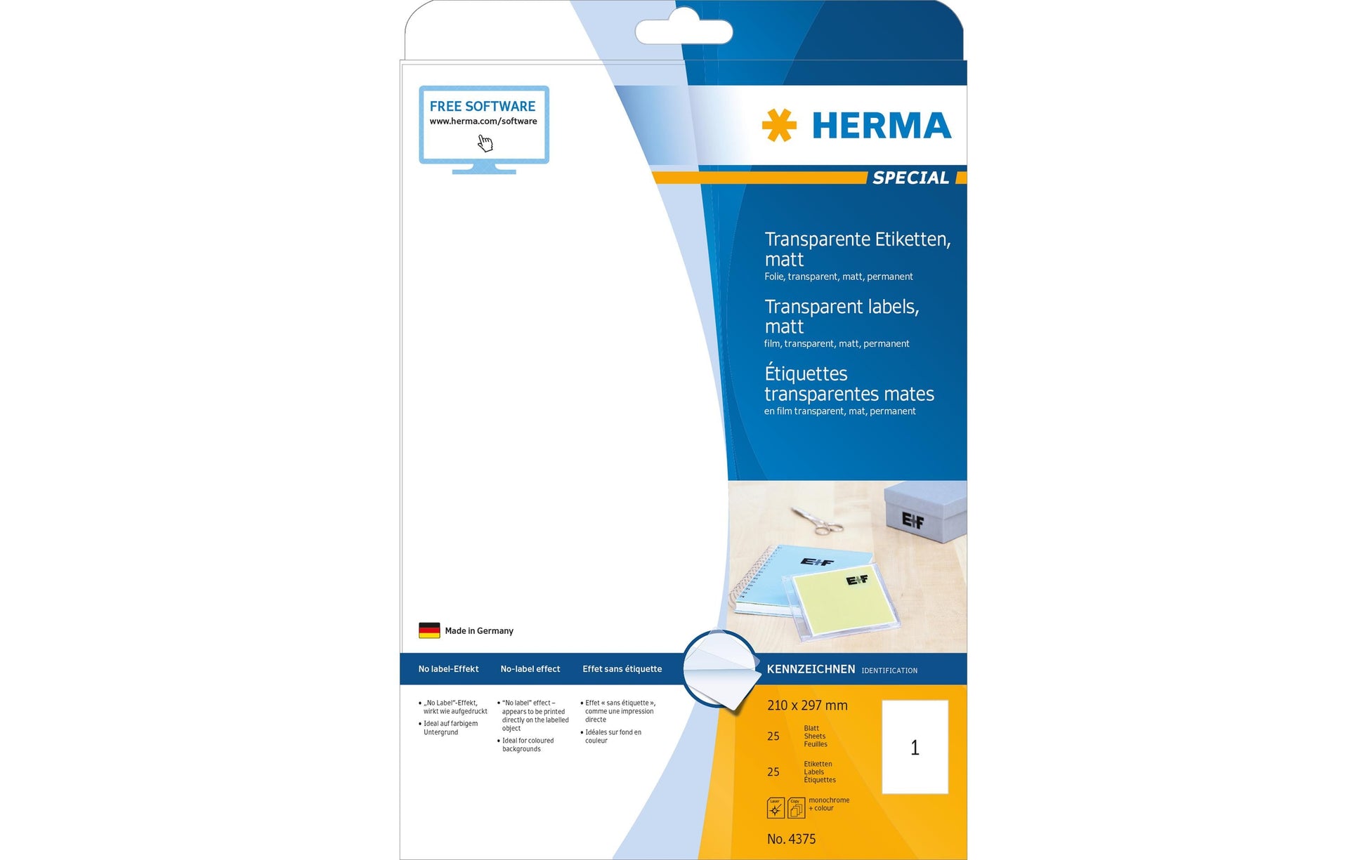 HERMA Drucketiketten, 210 mm × 297 mm, transparent, Folie, permanent, 25 Blatt