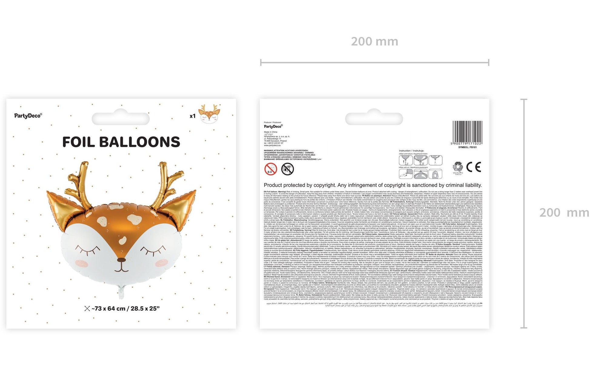 PartyDeco Folienballon Reh – Braun/Gold – 73 × 64 cm – 1 Stk