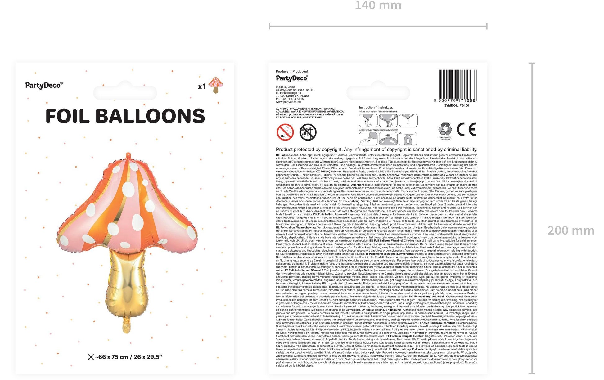 PartyDeco Folienballon Pilz – mehrfarbig – 77 × 95 cm – 1 Stk – mit Helium befüllbar