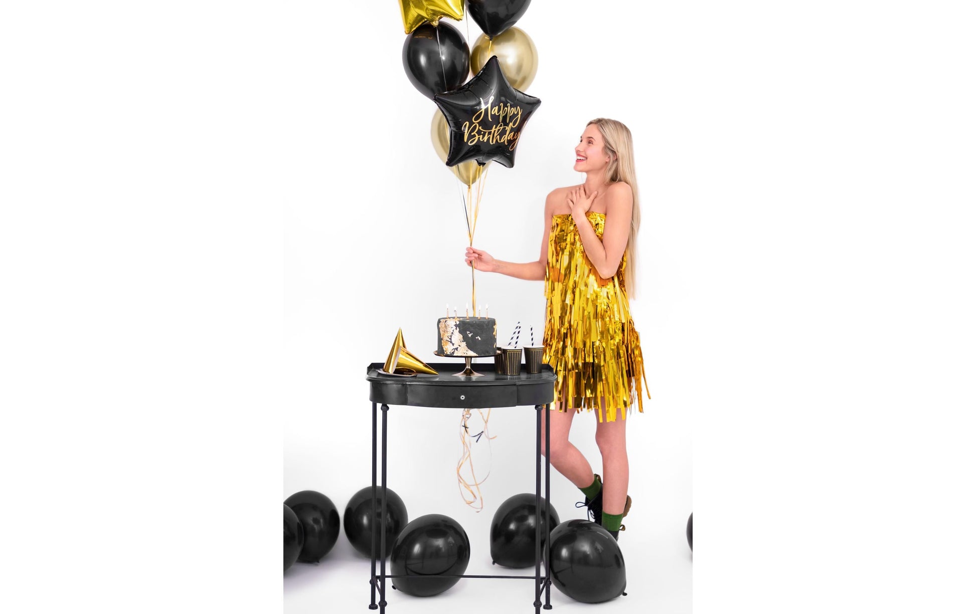 PartyDeco Folienballon Stern – schwarz/gold – Ø 40 cm – Folie – 1 Stk – Auch mit Helium befüllbar