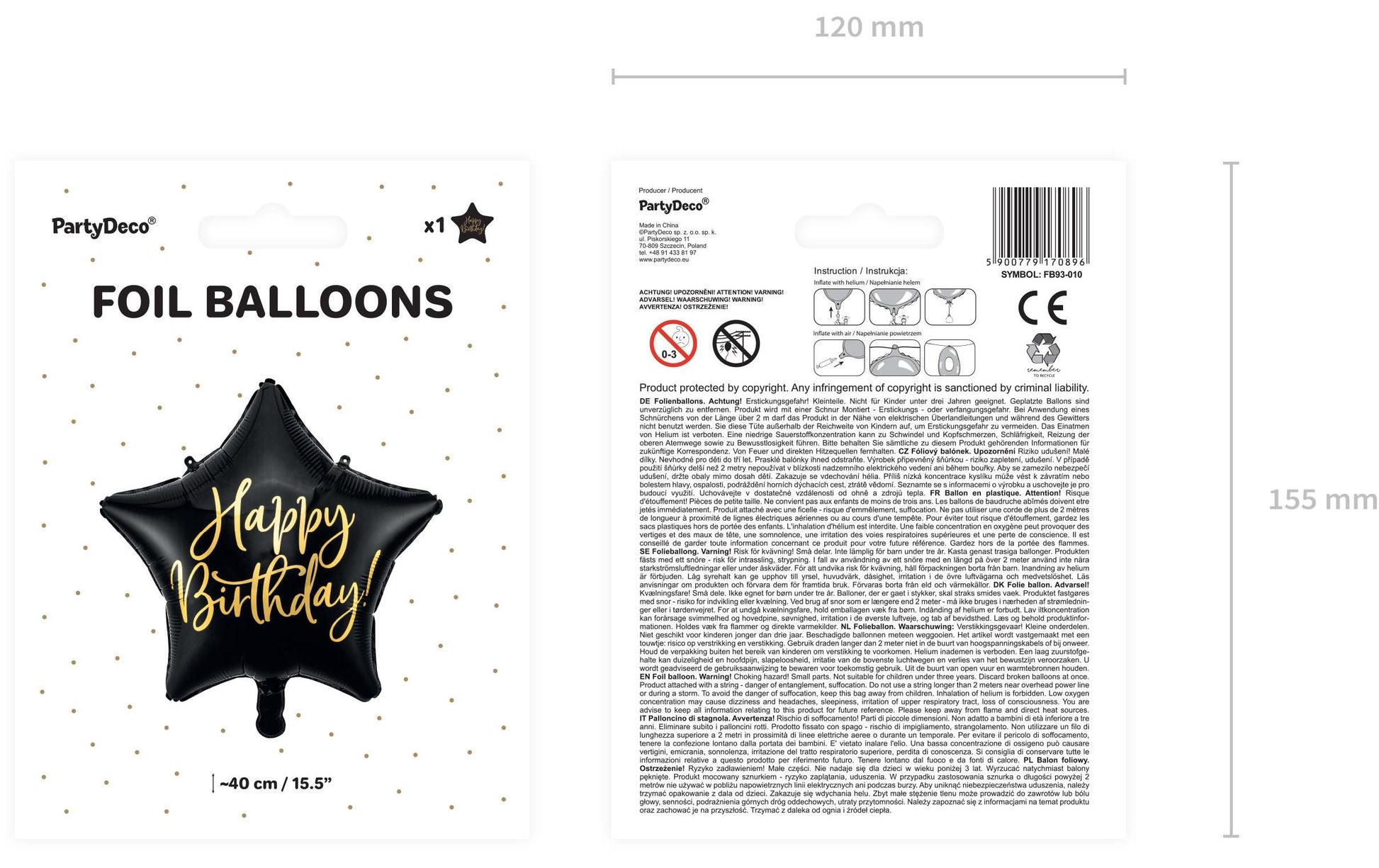 PartyDeco Folienballon Stern – schwarz/gold – Ø 40 cm – Folie – 1 Stk – Auch mit Helium befüllbar