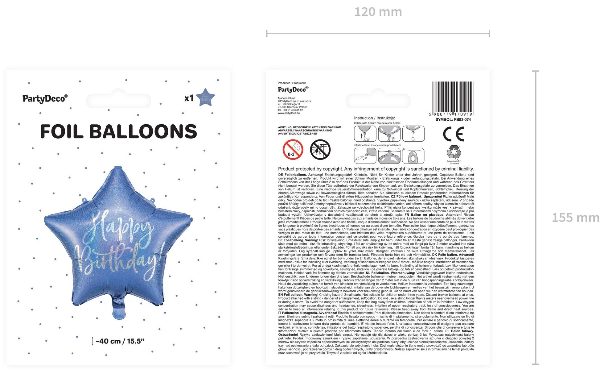 PartyDeco Folienballon Stern – Blau – Ø 40 cm – Folie – 1 Stk