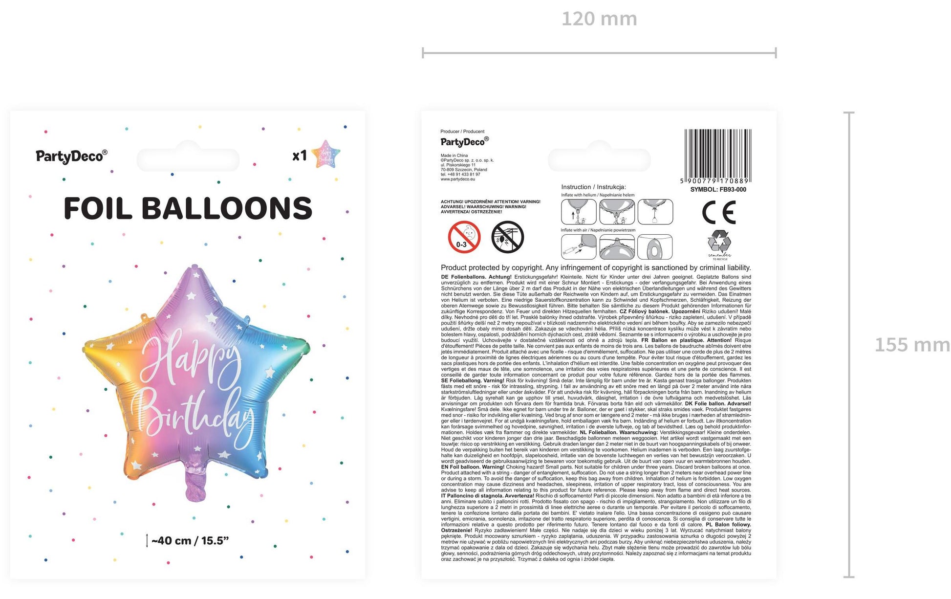 PartyDeco Folienballon Stern – Mehrfarbig – Ø 40 cm – Folie – 1 Stk