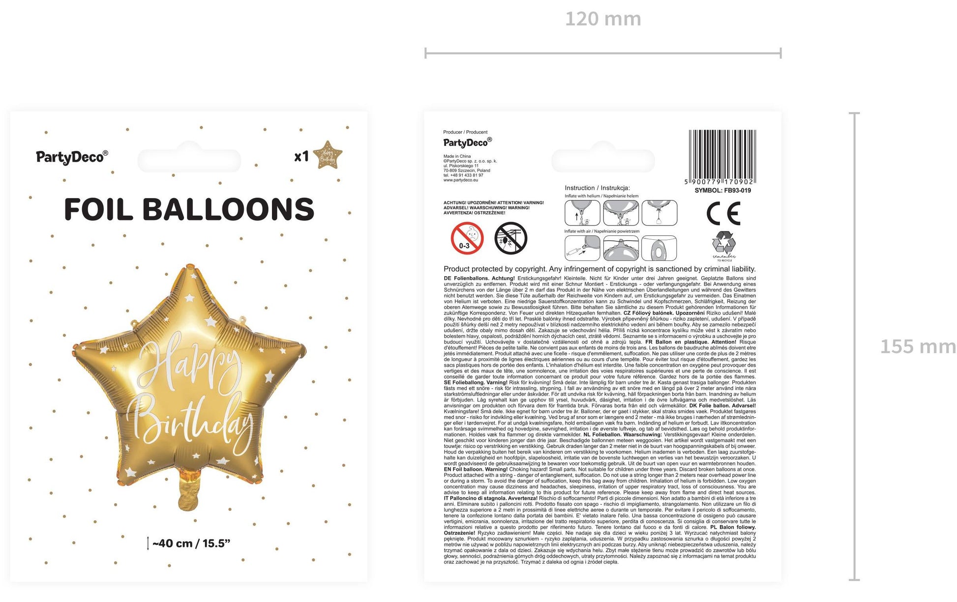 PartyDeco Folienballon Stern – Gold – Ø 40 cm – Folie – 1 Stk – Heliumfähig