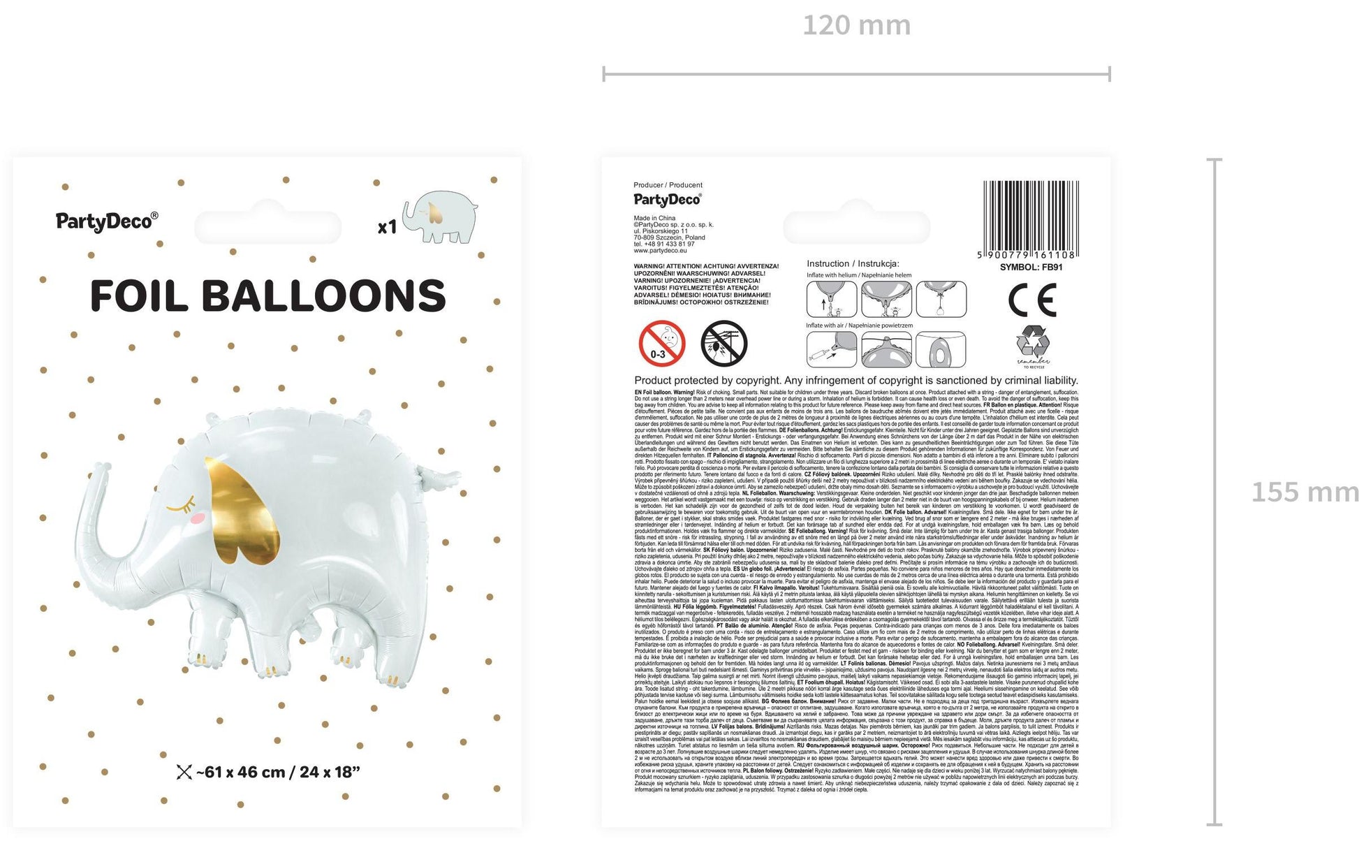 PartyDeco Folienballon Elefant – Weiss – 83 × 58 cm – 1 Stk
