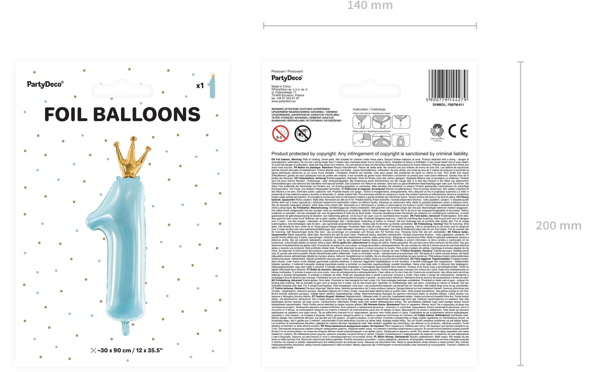 PartyDeco Folienballon Zahl 1 – blau/gold – 31 × 92 cm – 1 Stk – mit Helium befüllbar