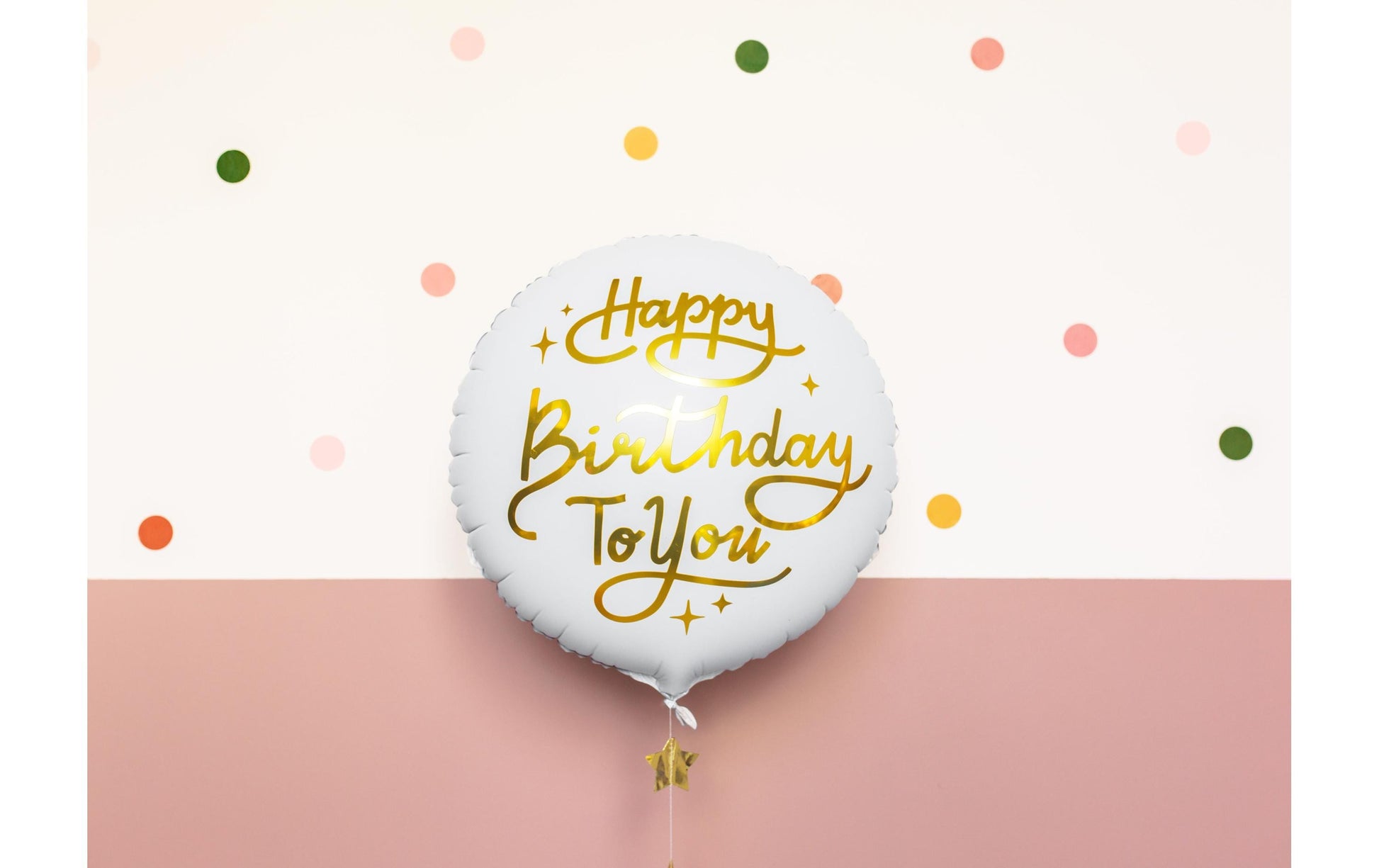 PartyDeco Folienballon Happy Birthday – Weiss/Gold – Ø 35 cm – Folie – 1 Stk – mit Helium befüllbar