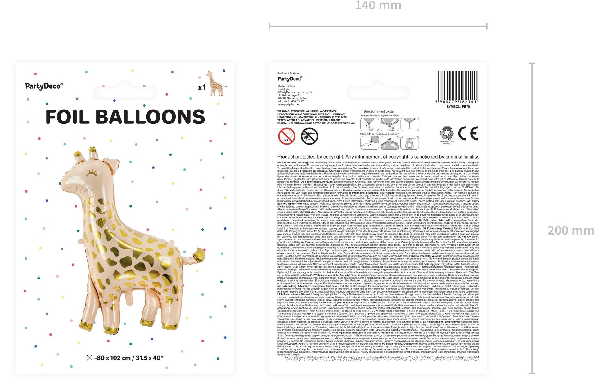 PartyDeco Folienballon Giraffe – Beige/Gold – 100 × 120 cm – 1 Stk